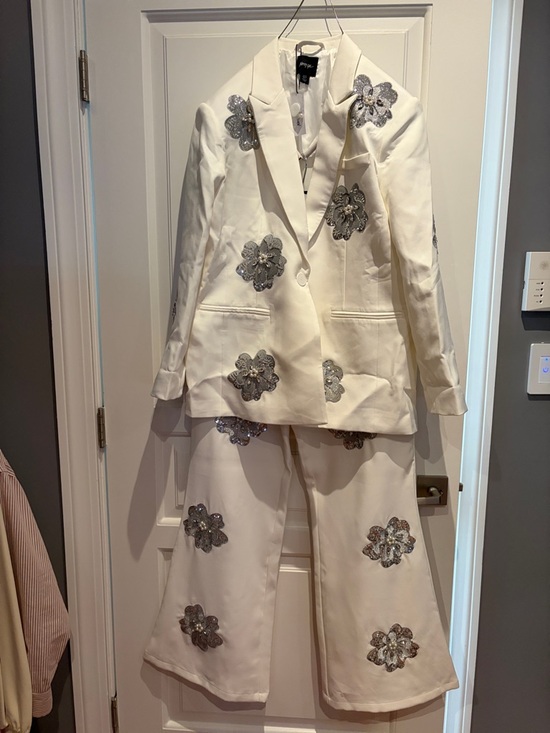 Nasty Gal Pants - Nasty Gal White Pantsuit with Silver Floral Sequin Appliqués